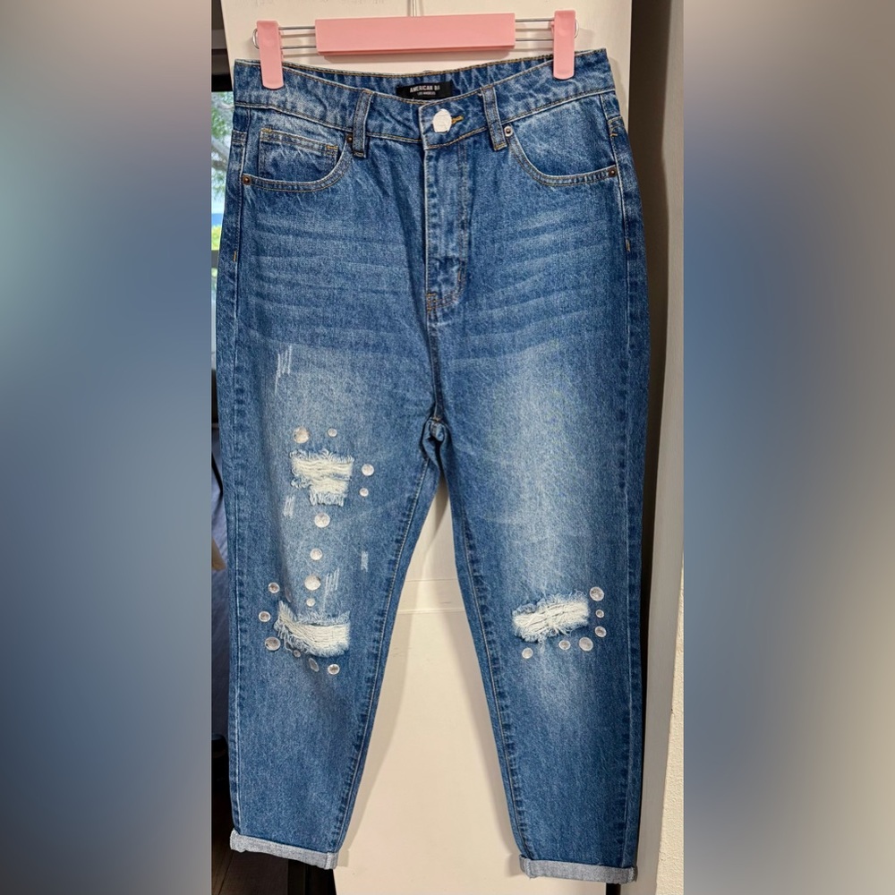 Blue Boyfriend Jeans with a Rhinestoned & Distressed Ankle-Length Style